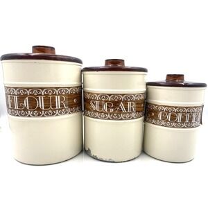 VTG Kromex Cannister Set Cream Brown Metal Lettering Coffee Tea Sugar Cottage